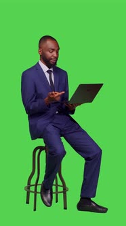 Vertical Video Side View of Startup Worker Attending Videocall Business Meeting