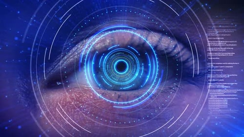 Escáner ocular, seguridad biométrica futurista, reconocimiento del iris, tecnología de ojos azules, escaneo visual