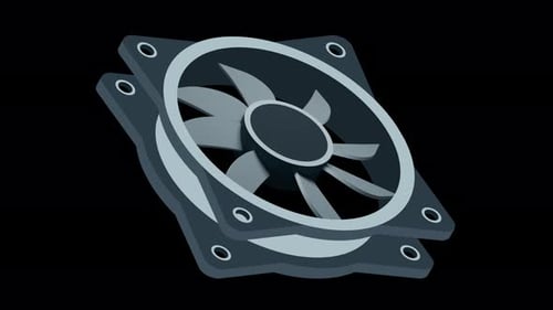 Animación isométrica de un ventilador por ordenador. Ventilador para ordenador. Ventilador isométrico de carcasa de PC. Hardware informático