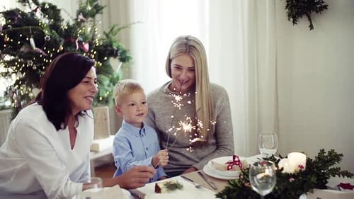 Family Celebrates Christmas with Sparklers at Home