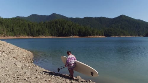 Couple Walking by Lake with Stand Up Paddle Boards Activity