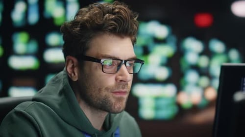 Inspired Software Developer Working Computer Technical Room Closeup Happy Man