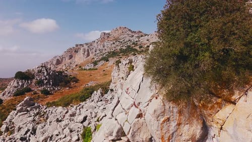 Rocky mountain ridge with shrubs under blue sky