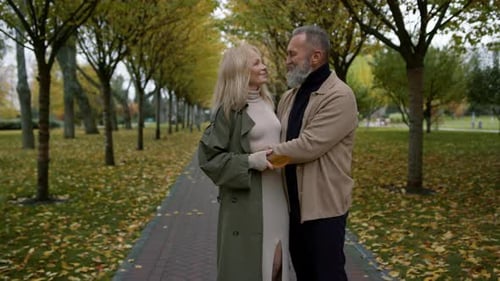 Couple Embracing on Autumn Path in Sunny Park