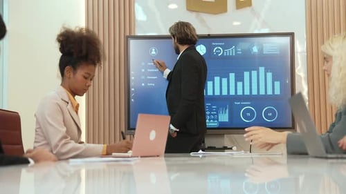 Presentation in office or ornament meeting room with analyst team