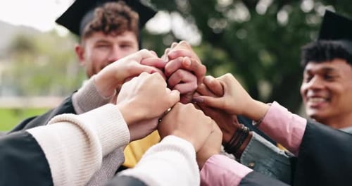 Support, hands together and graduation in connection or huddle for university education or study