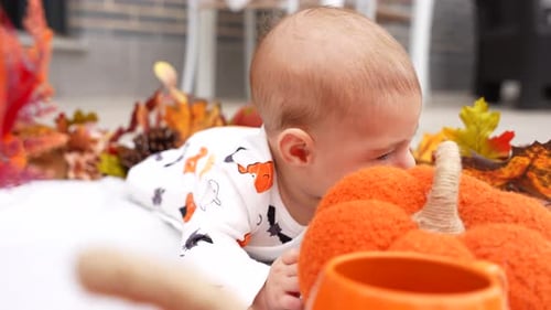 Baby tummy time on terrace with pumpkin