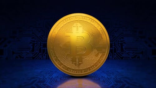 Bitcoin Cryptocurrency Spinning Animation Blue Circuit Background