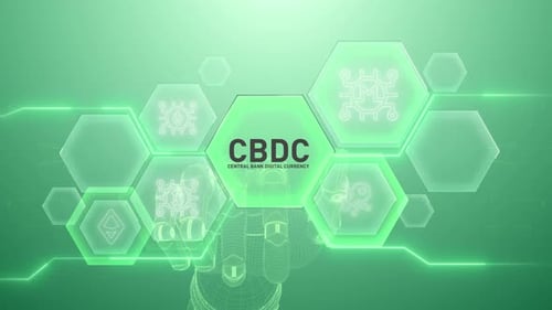 Futuristic Digital Currency Interface with Robotic Hand and Hexagons