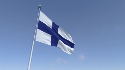 Realistic Flag of Finland Waving in Blue Sky