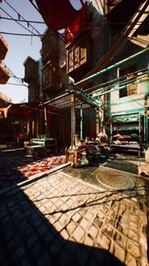 Sunlit Oriental Market at Dawn With Array of Goods