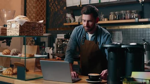 Glad Caucasian Entrepreneur Staff Work in Cafe Waiter Smile Drink Cup Coffee Energy Beverage Man