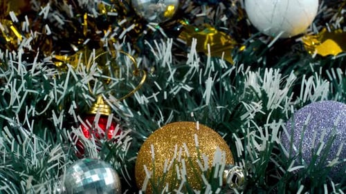 Christmas decoration, colorful ornaments, blue green white gold colors, new year decorated, shiny li