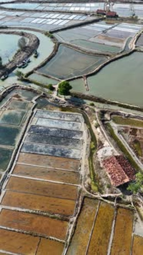 Aerial View of Salt Farms and Ponds in Coastal Landscape, Southeast