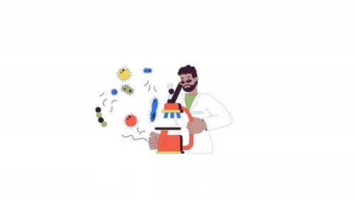 African american microbiologist looking in microscope line 2D character animation