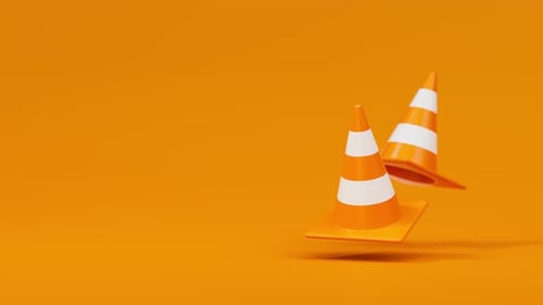 Par flotante de conos de tráfico naranjas sobre fondo naranja, advertencia de seguridad o en construcción