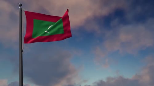 Maldives National Flag Waving Animation in Blue Sky