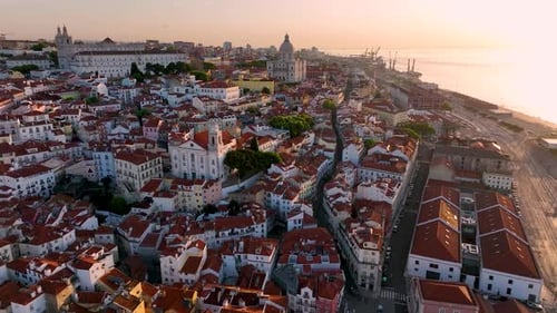 Aerial view of Lisbon cityscape with buildings, Portugal.