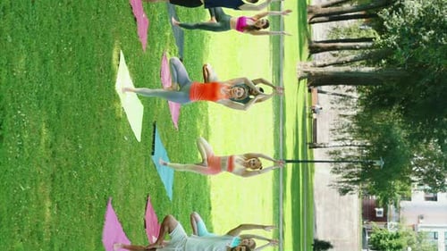 Vertical Screen Diverse Group of People Practicing Balance Poses in City Park
