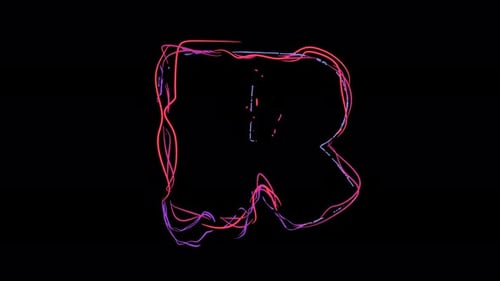 Letter R made of multicolor neon curves and lightnings on alpha. Loop 4k clip.