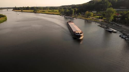 Bulk Carrier Ship Cruising In West Oder River In Szczecin Poland. - aerial