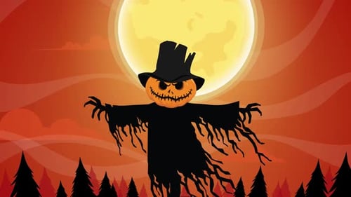 Seamless Loop Animation of Halloween Scarecrow Under Full Moon