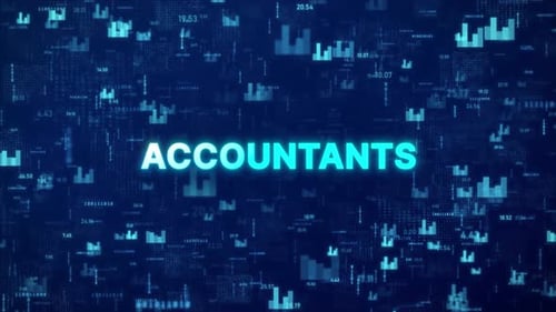 ACCOUNTANTS text over animated financial background with chart, numbers and matrix codes