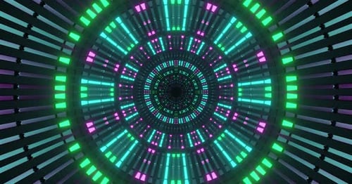 Futuristic Neon Light Tunnel with Pulsating Music Equalizer Bars