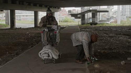 Two Men With Shopping Cart Underneath City Bridge