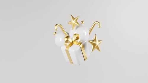 Christmas accesories with gold on white background 3d render animation.