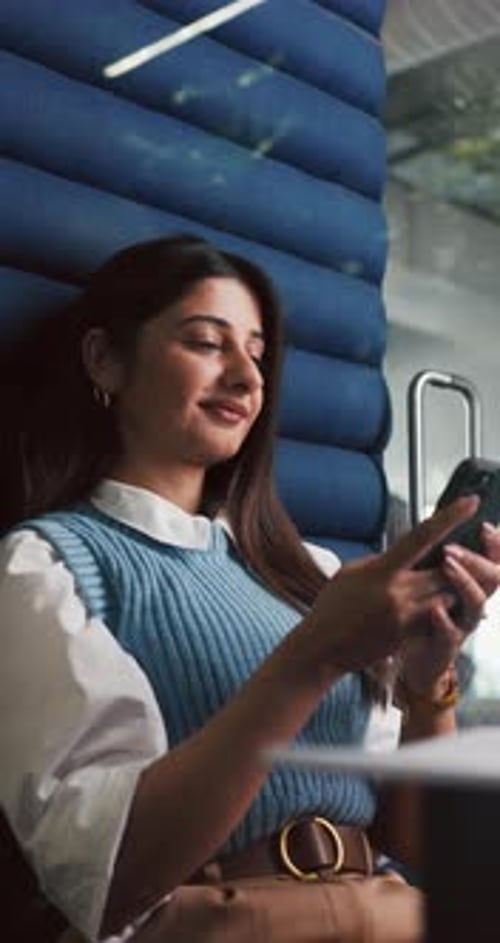 Typing, college student or woman laugh with phone on break, funny message