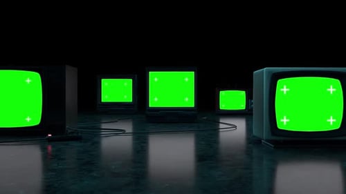 Retro Green Screen CRT Monitors Dolly In Reveal