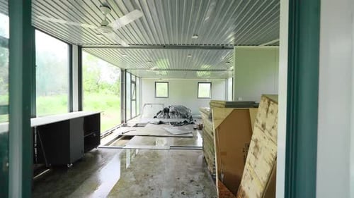 Interior of Modern Prefabricated Home Under Construction, Wide Shot