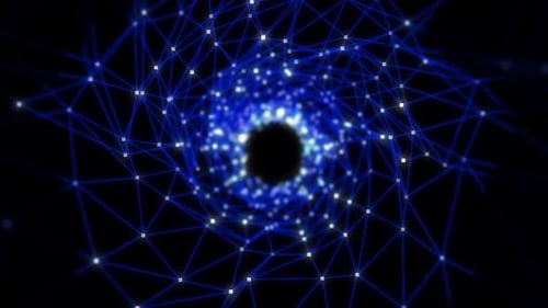 Abstrakter blauer Plexus-Tunnelhintergrund. Hintergrundanimation des mit dem Netzwerk verbundenen Datentunnels.