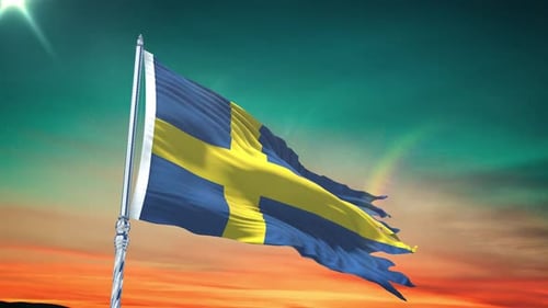 Realistic Swedish Flag Waving Animation Against Sunset Sky
