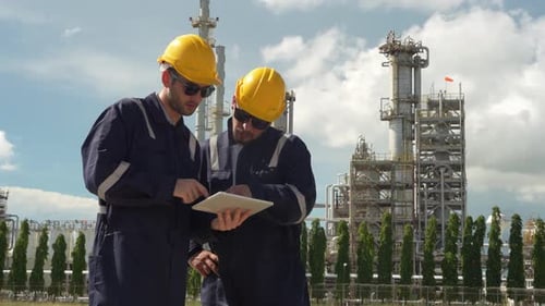 Inspection de sécurité du réseau de canalisations industrielles par un travailleur en équipement de sécurité brillant par temps ensoleillé