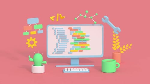 Conceito de desenvolvimento de software de computador. Animação de renderização 3D em estilo minimalista de desenho animado