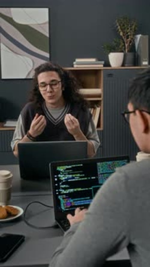 Vertical of Gen Z Developer Explaining Viewpoint to Coworker Coding on Laptop