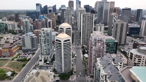 Ascending aerial of Calgary Alberta skyline