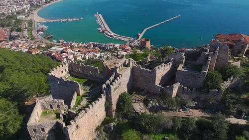 Aerial Video Beautiful Fortress On A Cliff With Historic Stone Walls And A Breathtaking Ocean View A