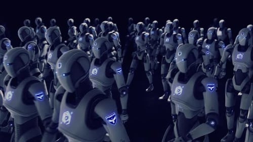 Futuristic Robotic Army Walking in Unison
