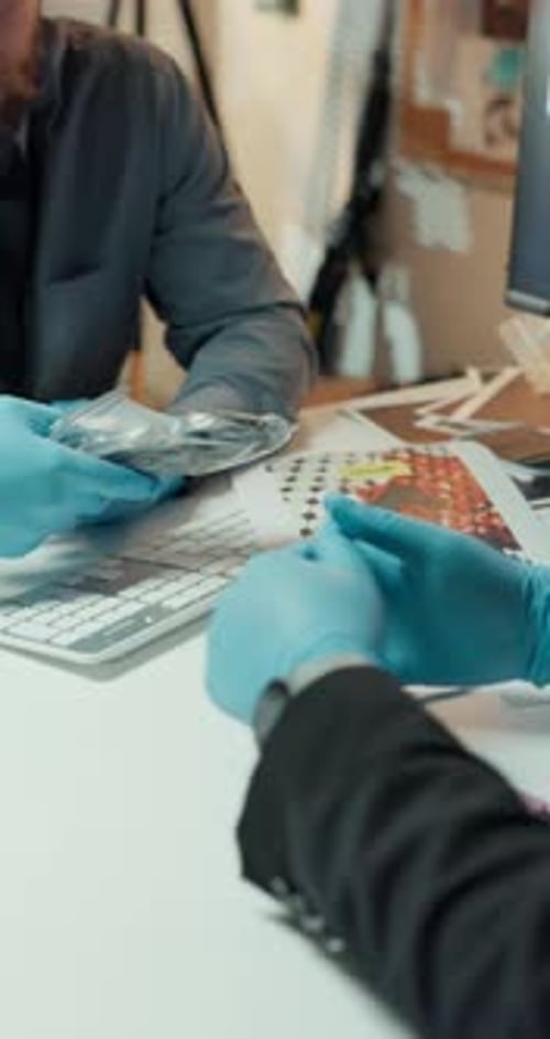 Conversation, evidence and investigation with detective team in office for problem solving insight