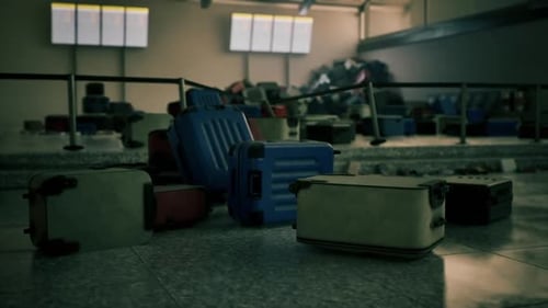 Abandoned Airport Terminal Showing Discarded Luggage Scattered Across the Floor