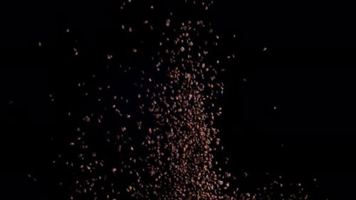 Köstliche geröstete Kaffeebohnen explodieren in Superzeitlupe auf schwarzem Hintergrund