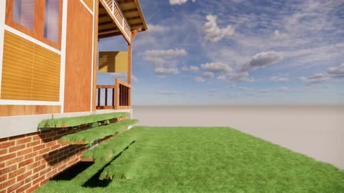 Modern house with green lawn and blue sky
