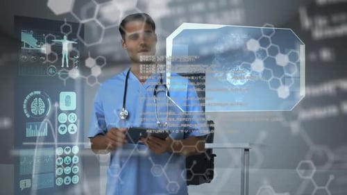 Animation of medical data processing, dna strand and chemical compound structures against male docto
