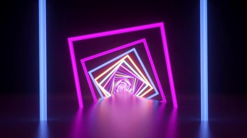 Fond néon géométrique abstrait. Tunnel sans fin avec cadres carrés multicolores
.