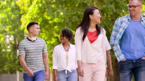 Group of young adults walking together in park
