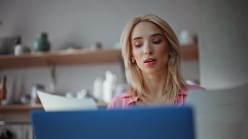 Portrait Lady Freelancer Working Laptop at Home Workspace Woman Doing Paperwork