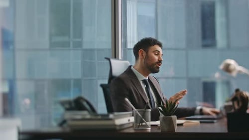 Manager Talking Remote Conference Sitting Office Businessman Online Negotiation